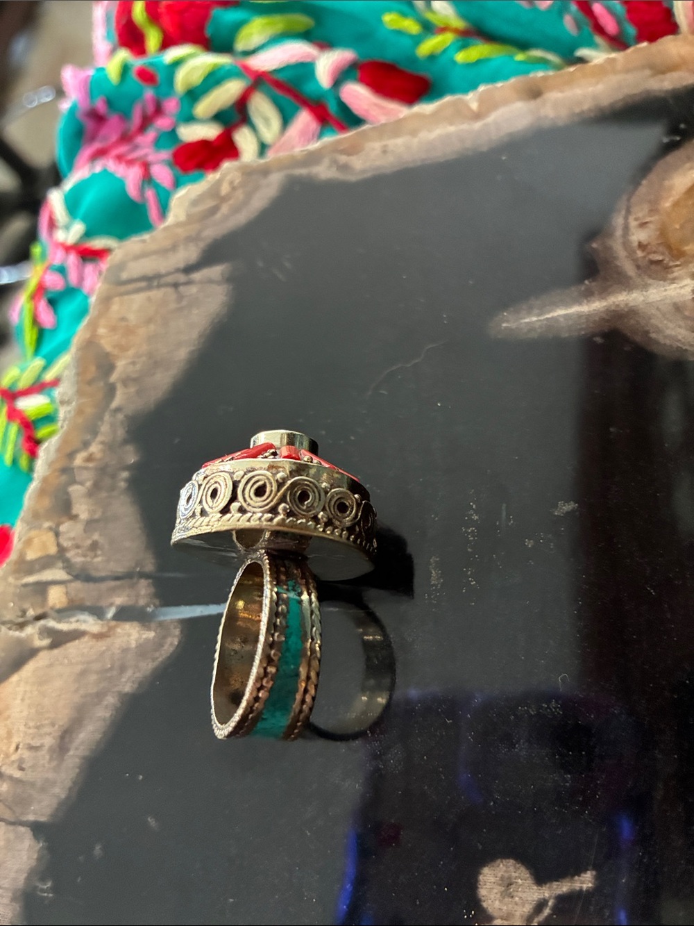 Turquoise & Coral Sunburst Ring - Women Jewelry - Picture 4 of 5